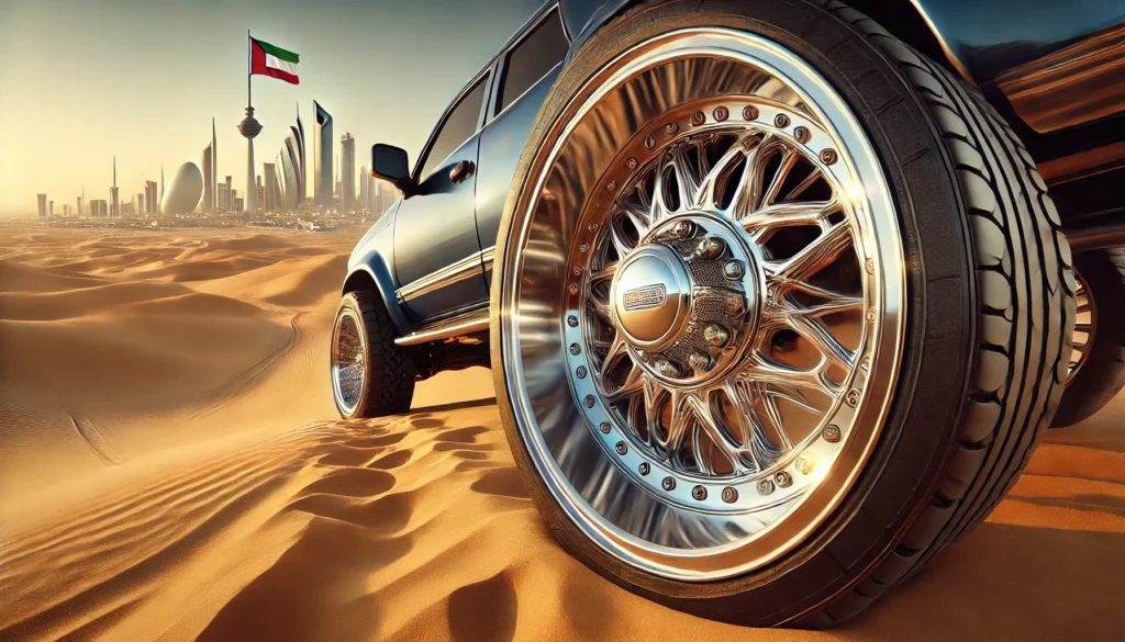 DALL·E 2025 02 04 14.35.22 A high definition photograph of a HeloWheels HE912 chrome wheel mounted on a vehicle in Kuwait. The wheel is placed in a dynamic setting with the foc Formula Wheel | rims & tryes in kuwait Formula Wheel | rims & tryes in kuwait