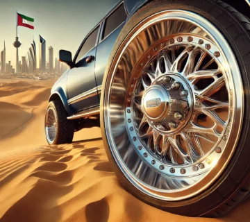 DALL·E 2025 02 04 14.35.22 A high definition photograph of a HeloWheels HE912 chrome wheel mounted on a vehicle in Kuwait. The wheel is placed in a dynamic setting with the foc Formula Wheel | rims & tryes in kuwait Formula Wheel | rims & tryes in kuwait