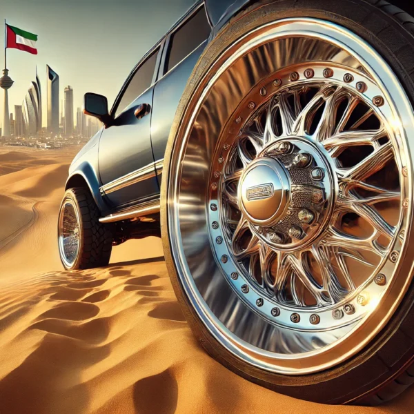 DALL·E 2025 02 04 14.35.22 A high definition photograph of a HeloWheels HE912 chrome wheel mounted on a vehicle in Kuwait. The wheel is placed in a dynamic setting with the foc Formula Wheel | rims & tryes in kuwait Formula Wheel | rims & tryes in kuwait