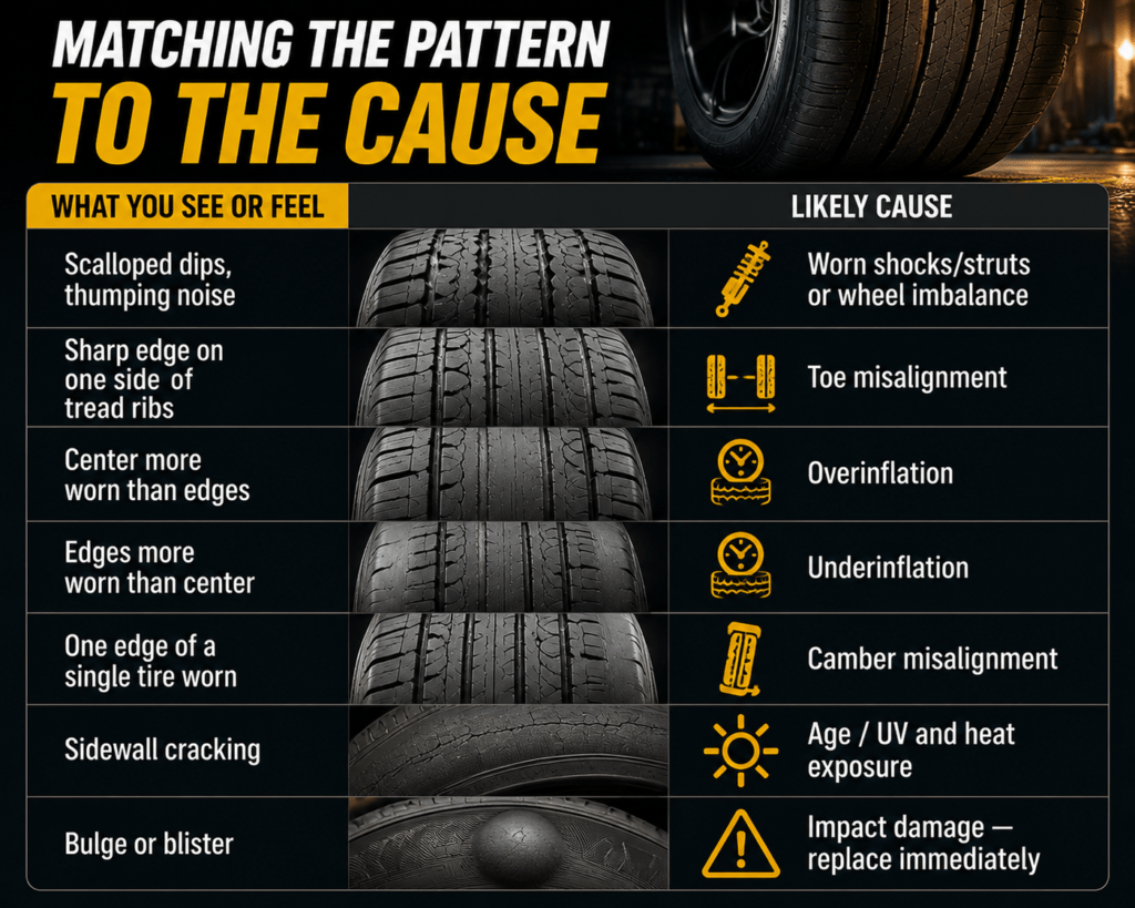 Signs of Tire Wear: 7 Dangerous Warnings 2 Matching the Pattern to the Cause