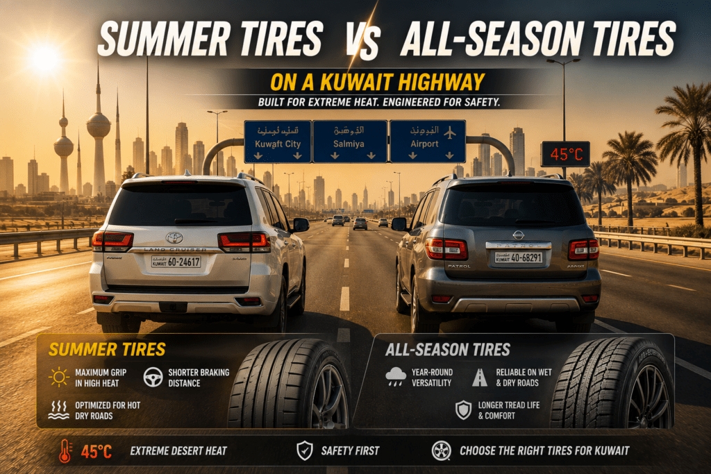Summer vs All-Season Tires on a Kuwait highway Summer and all-season tires mounted on vehicles driving along a sunlit Kuwait highway in extreme desert heat.